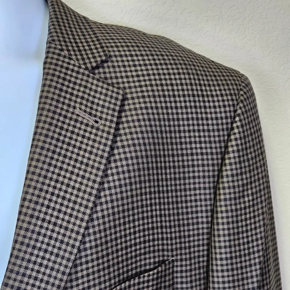 Jos A Bank Blazer Mens 48L Tailored Fit Signature Wool Silk Check Brown Black